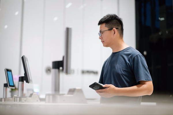 A man looks at a screen with a biometric sensor