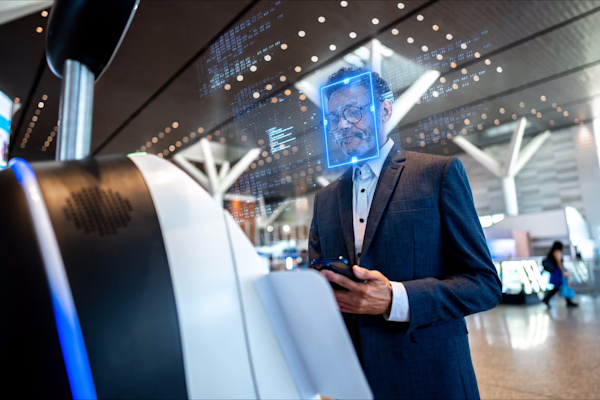 Person at sentry gate with image recognition marker on face